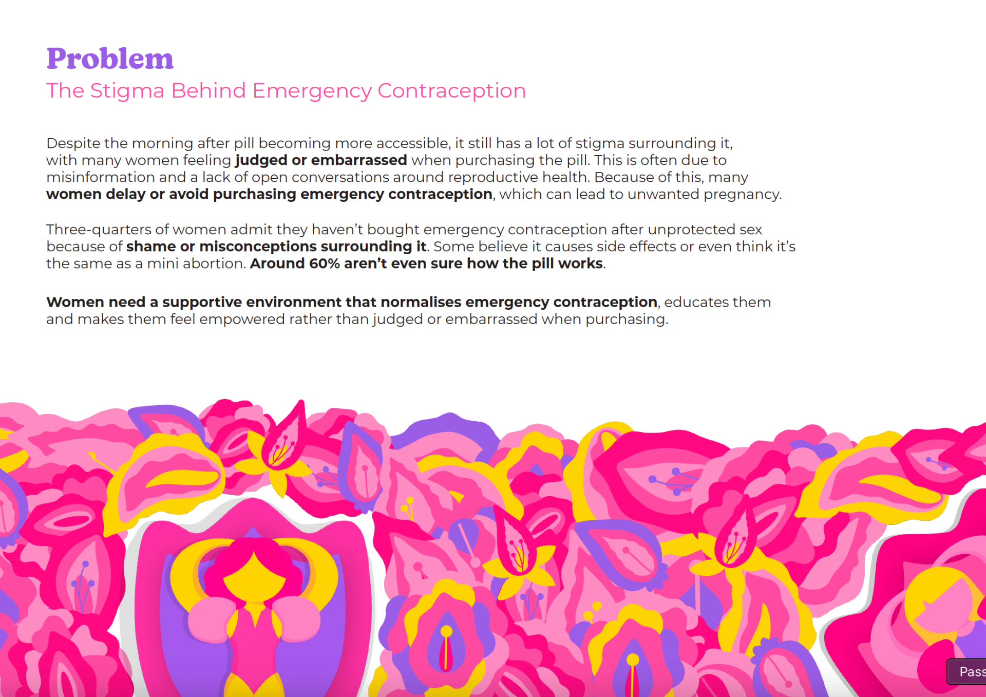 EllaOne problem framing slide about stigma surrounding emergency contraception.