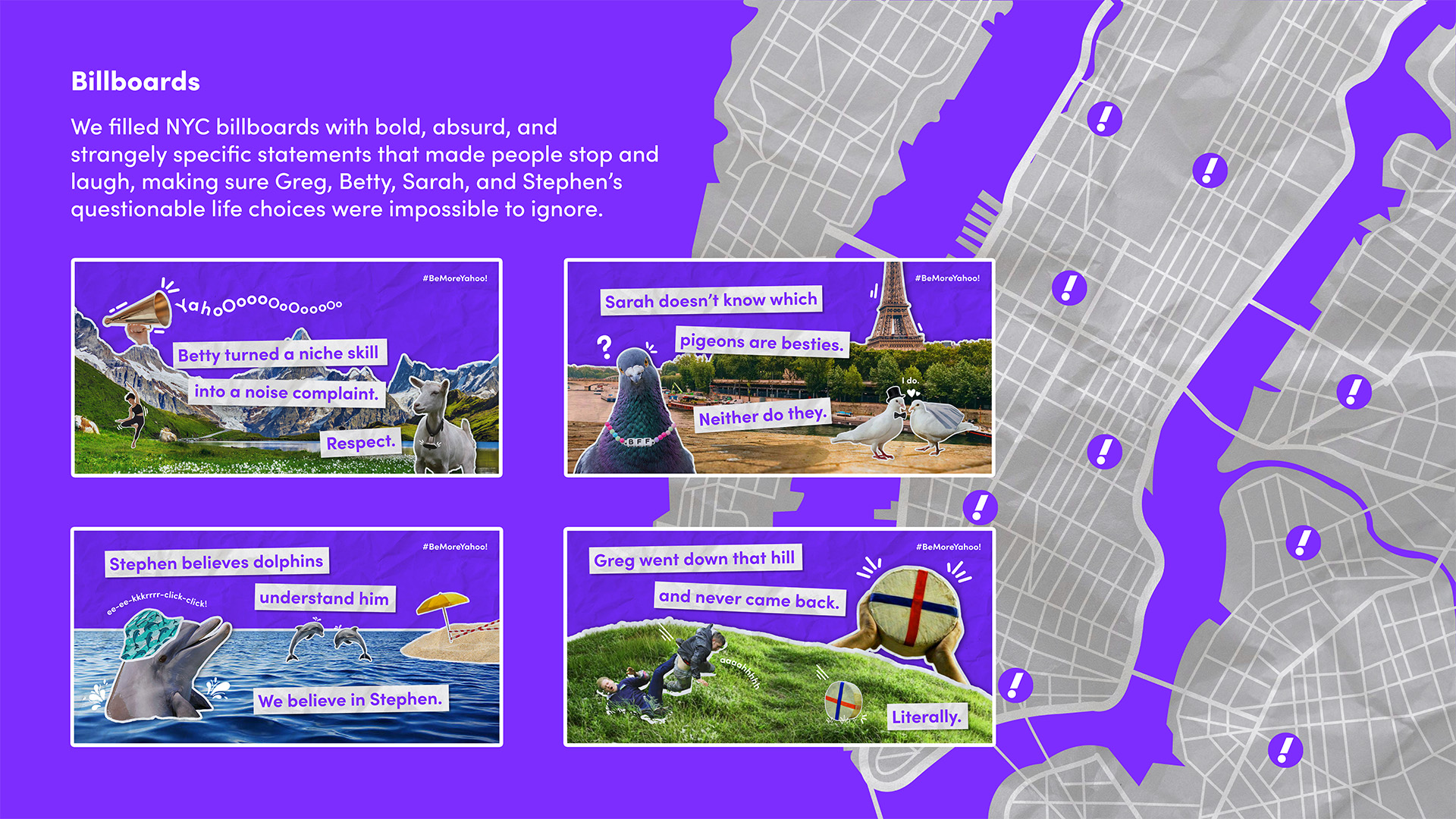 Billboards overview page showing the campaign explanation, four billboard designs, and a New York map with placement markers.
