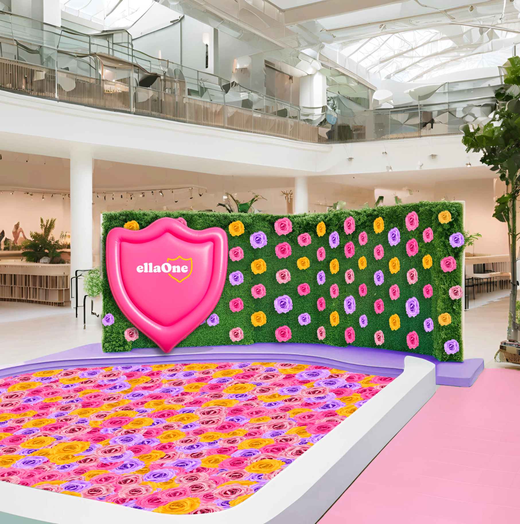 ellaOne mall pop-up entrance with inflatable shield, hedge wall and floral pool installation.