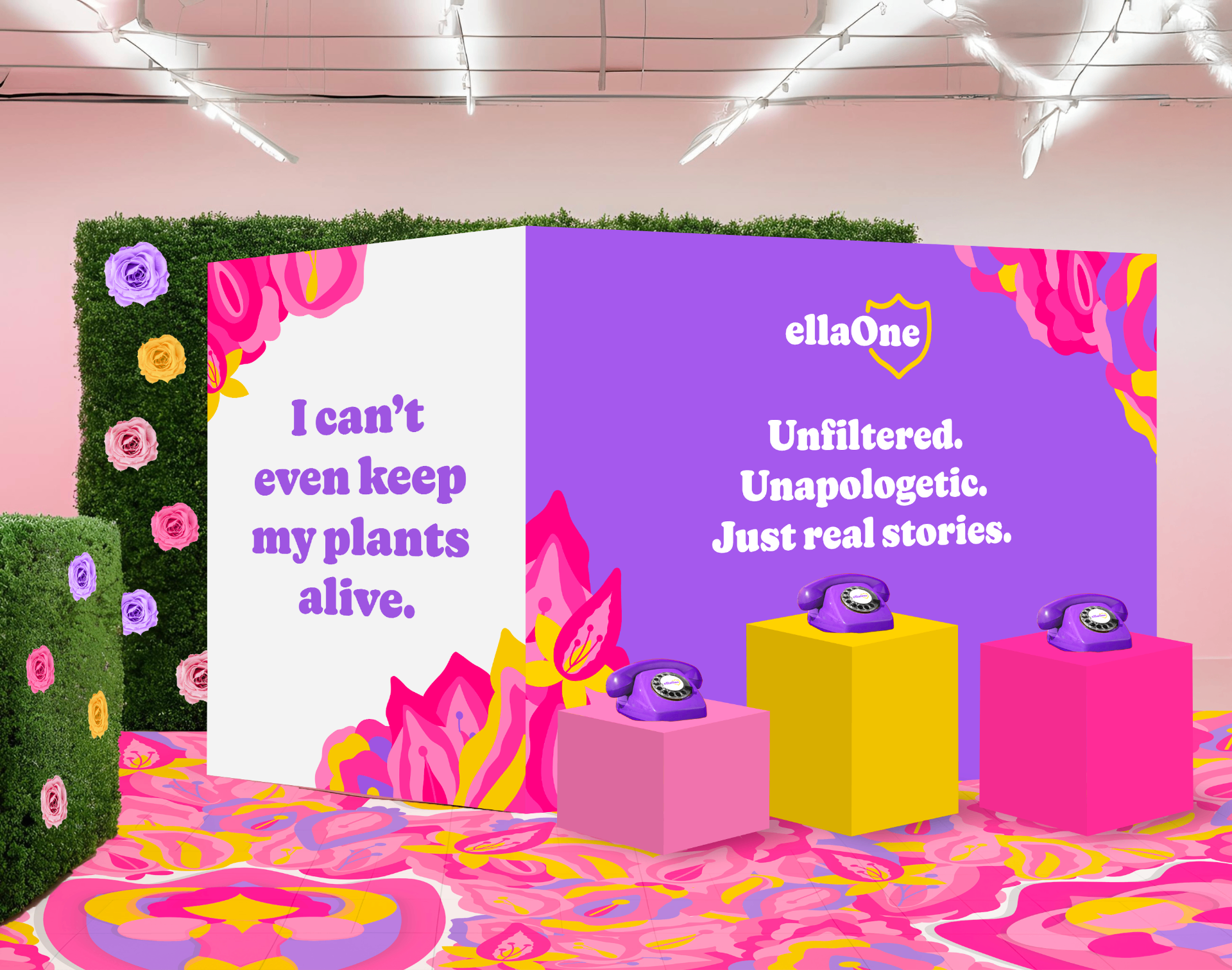 ellaOne branded speaker phone installation with three telephones on colourful plinths.