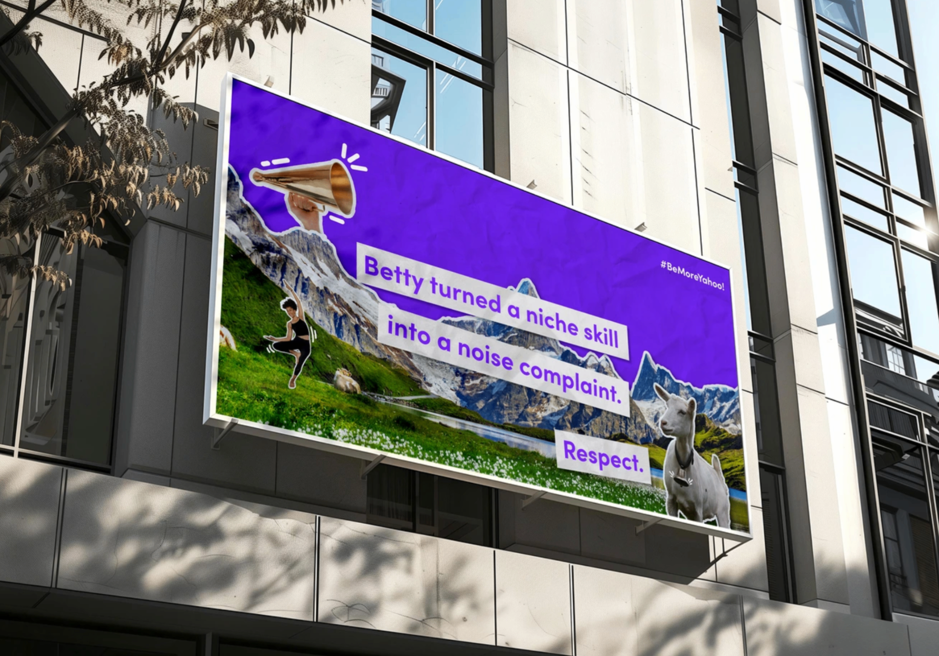 Mockup of the Betty Yahoo billboard mounted on a building exterior.