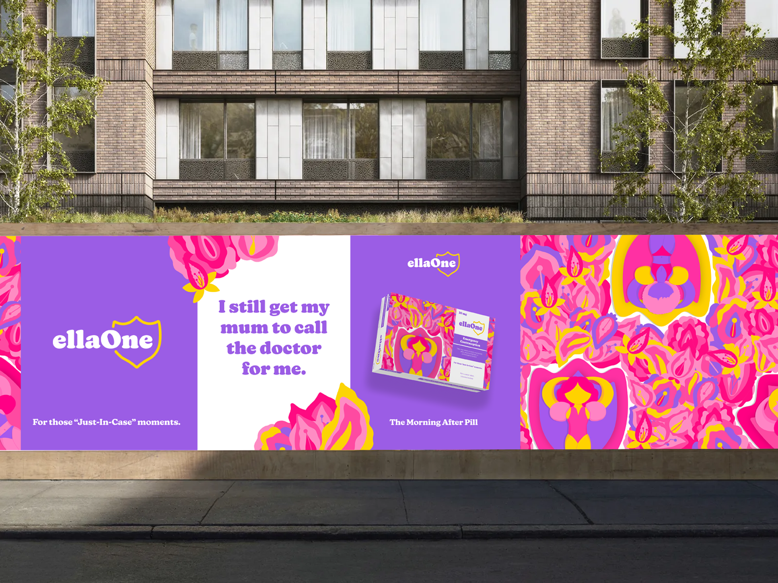 ellaOne billboard installed across a streetside façade with product and campaign message panels.