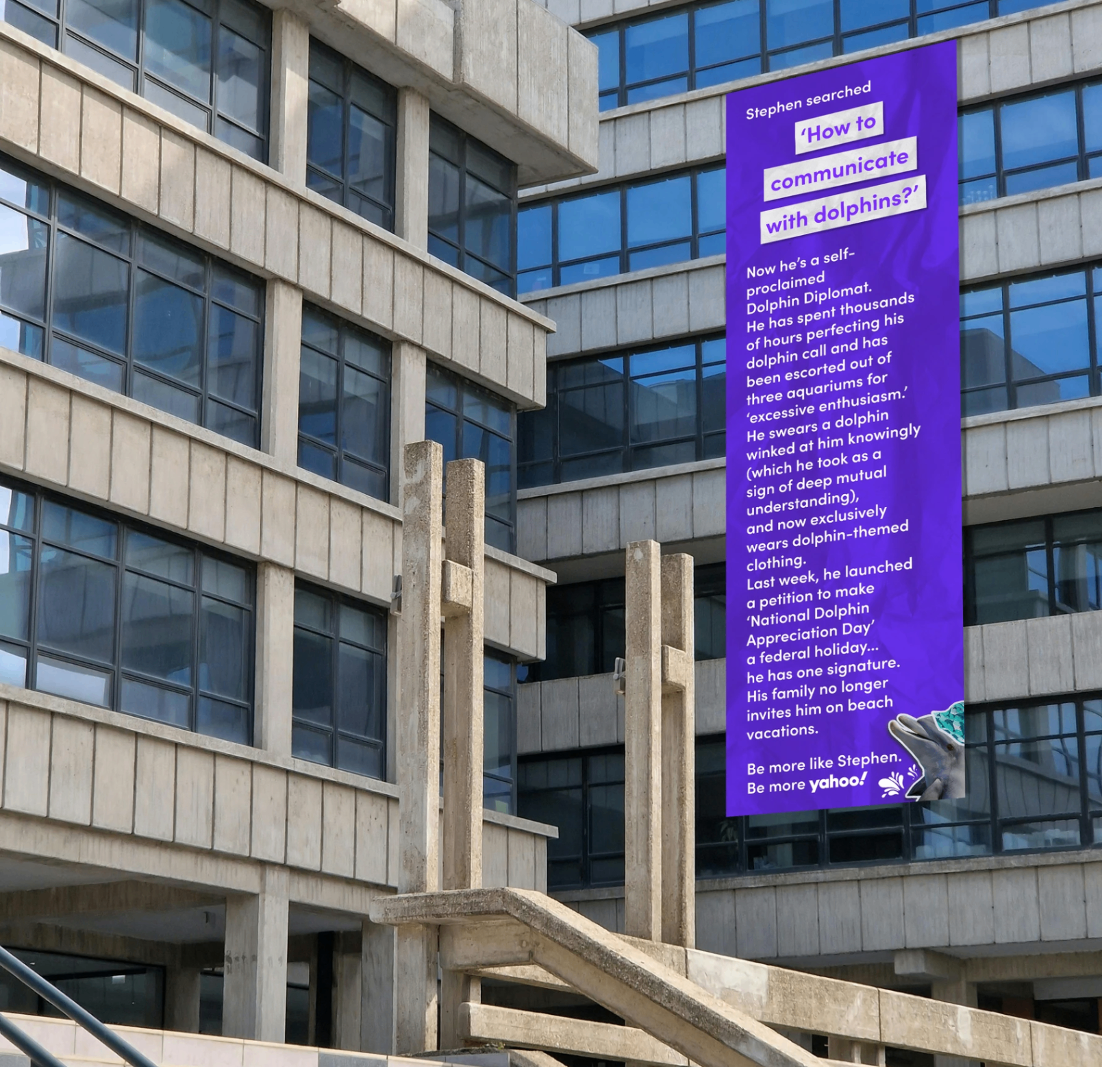 Stephen Yahoo scroll mockup installed on a concrete modernist building.