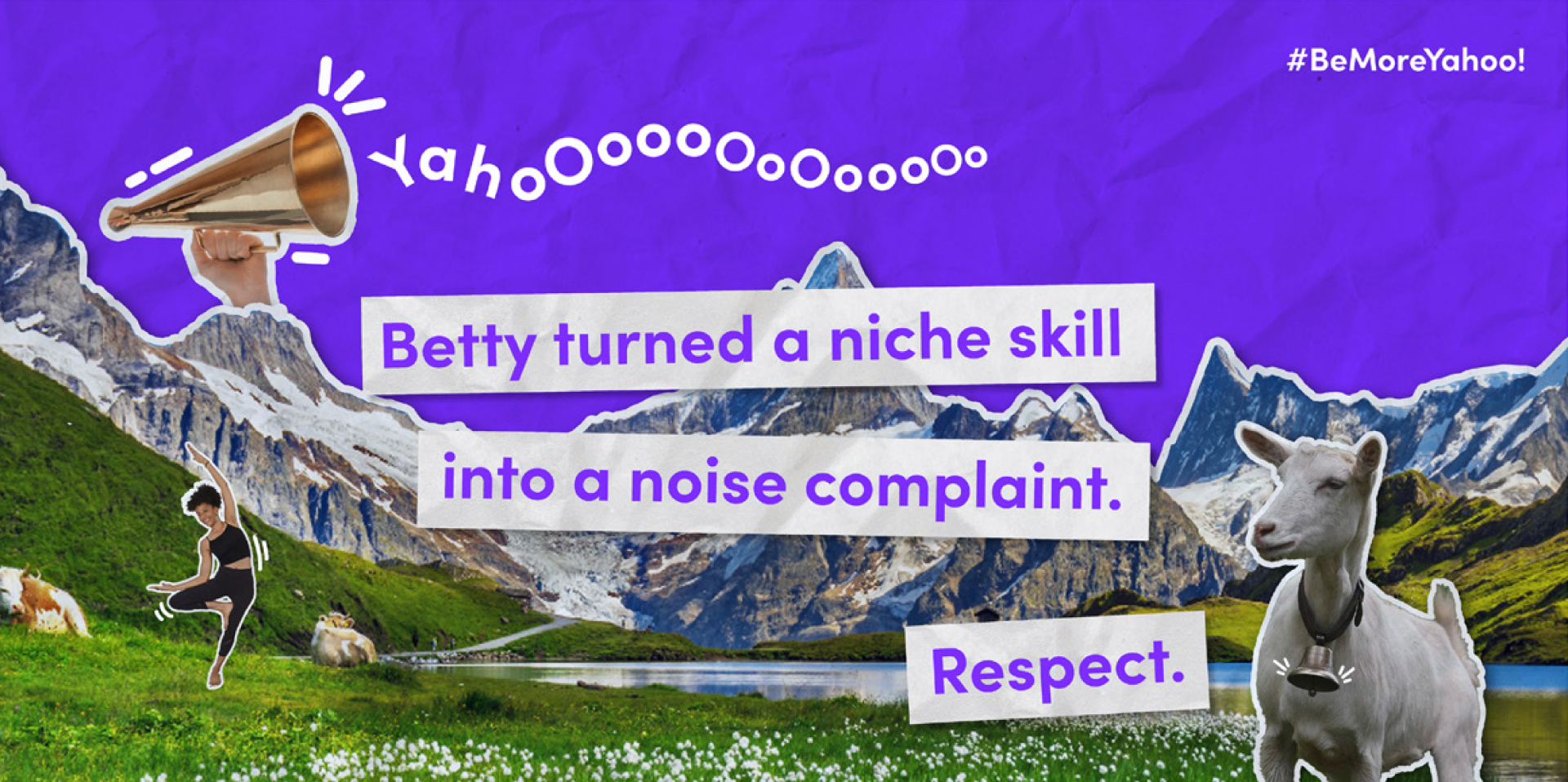 Betty billboard design featuring a megaphone, mountains, and a goat.