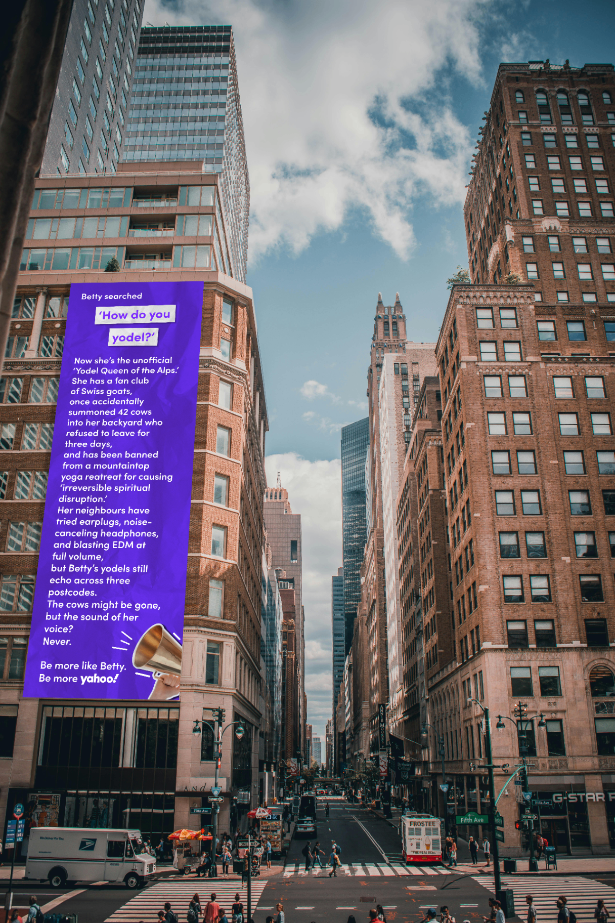 Betty Yahoo scroll mockup installed on a city building façade.