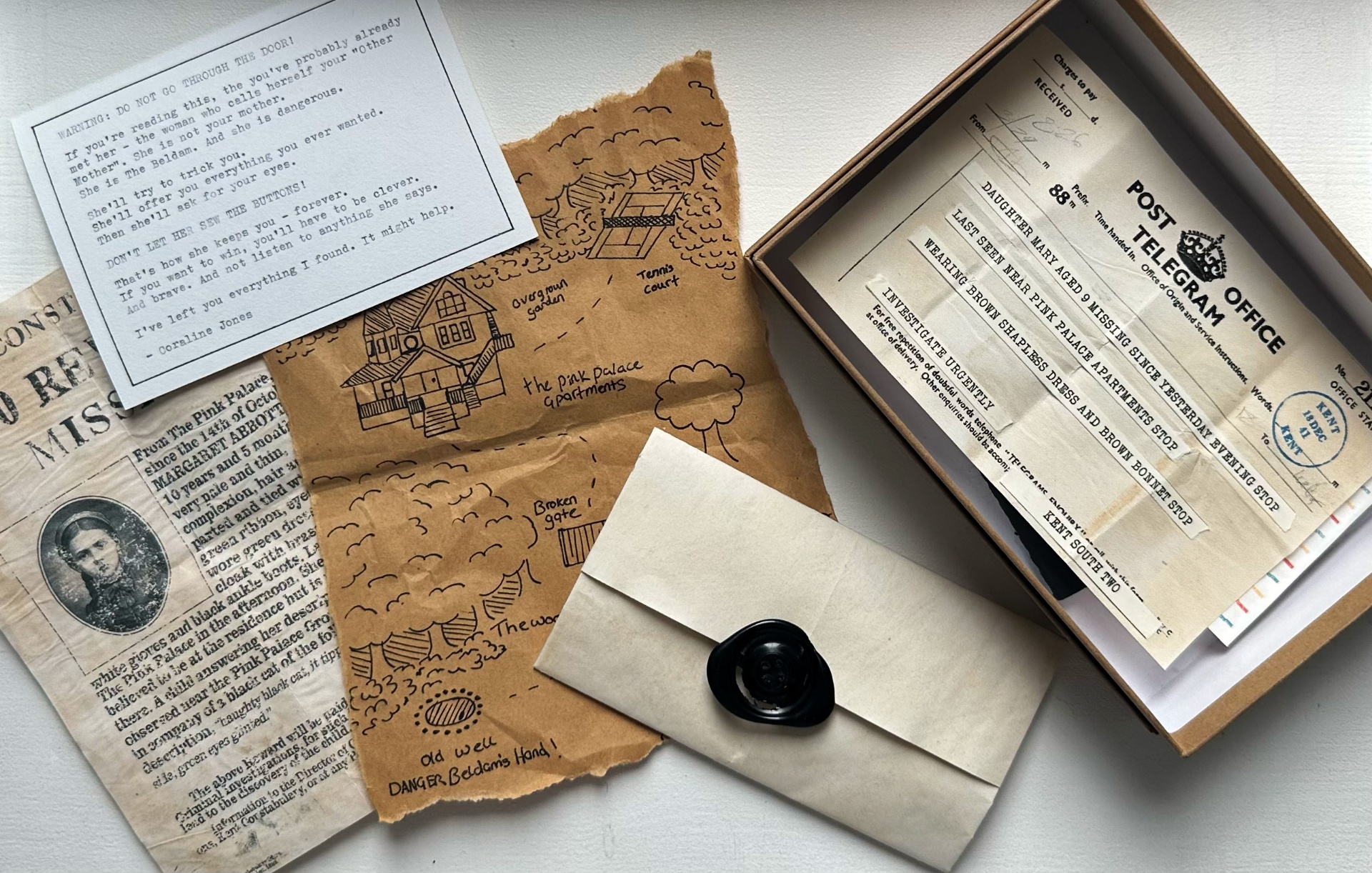 Full desk arrangement of Found Objects props