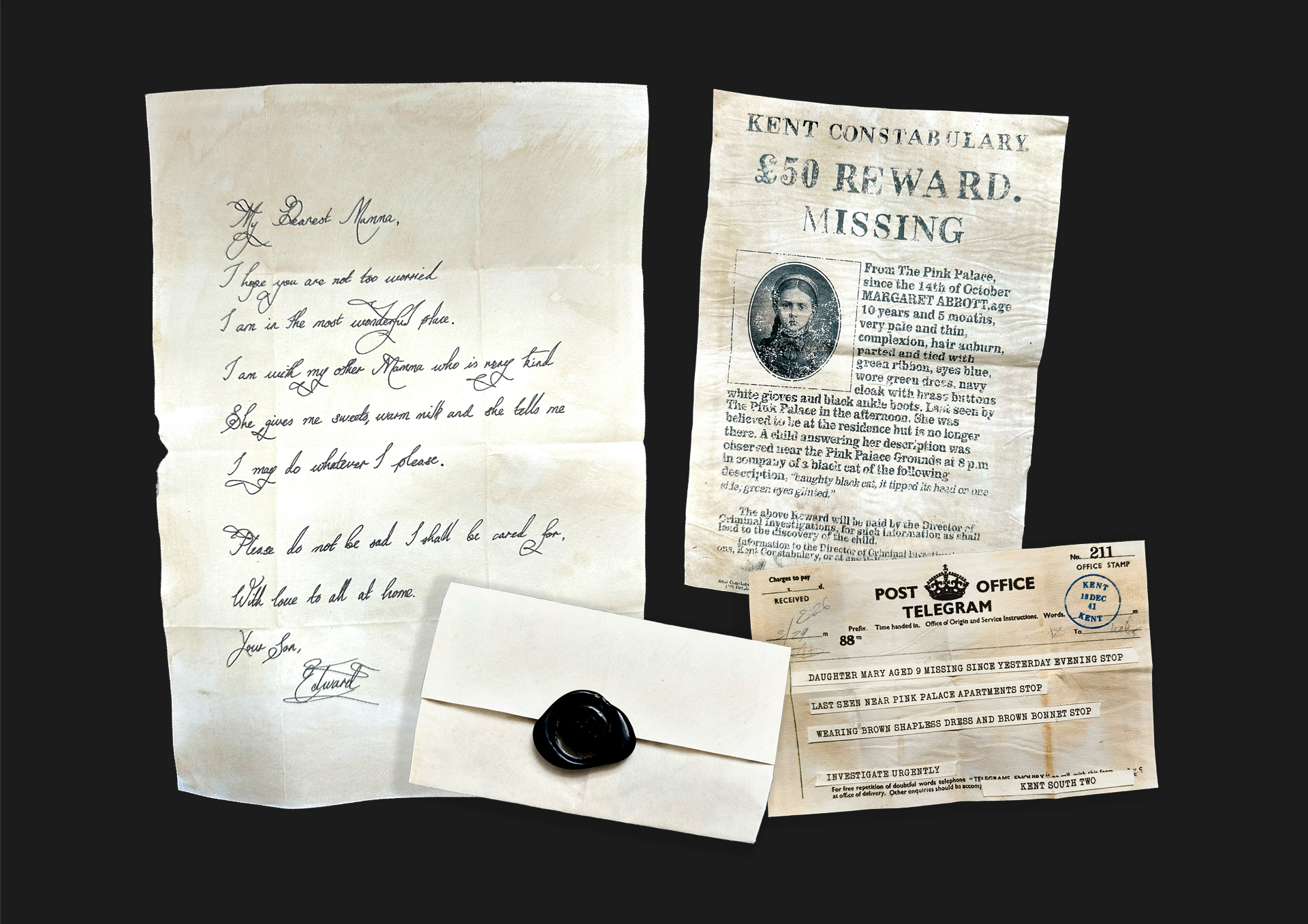 Handwritten letter, missing poster and wax-sealed envelope