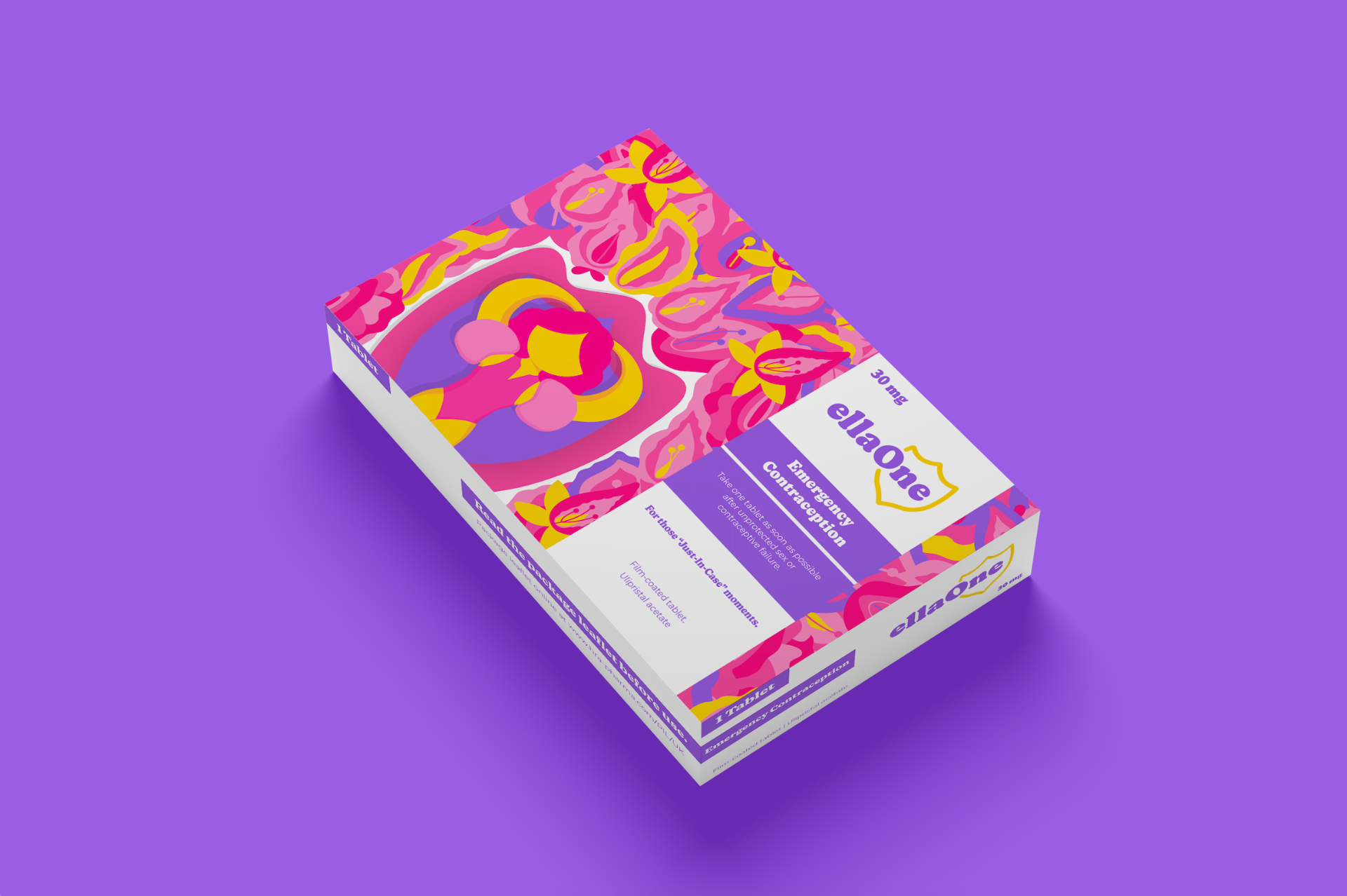 ellaOne rebrand packaging — emergency contraception box with bold floral pattern.